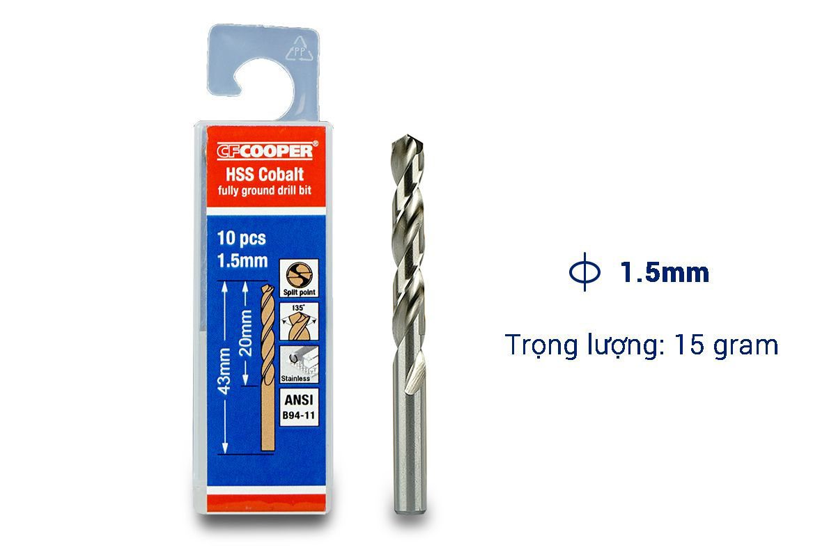 Mũi khoan Inox, thép cobalt 1.5mm CFCooper HCM015 - Hộp 10 mũi