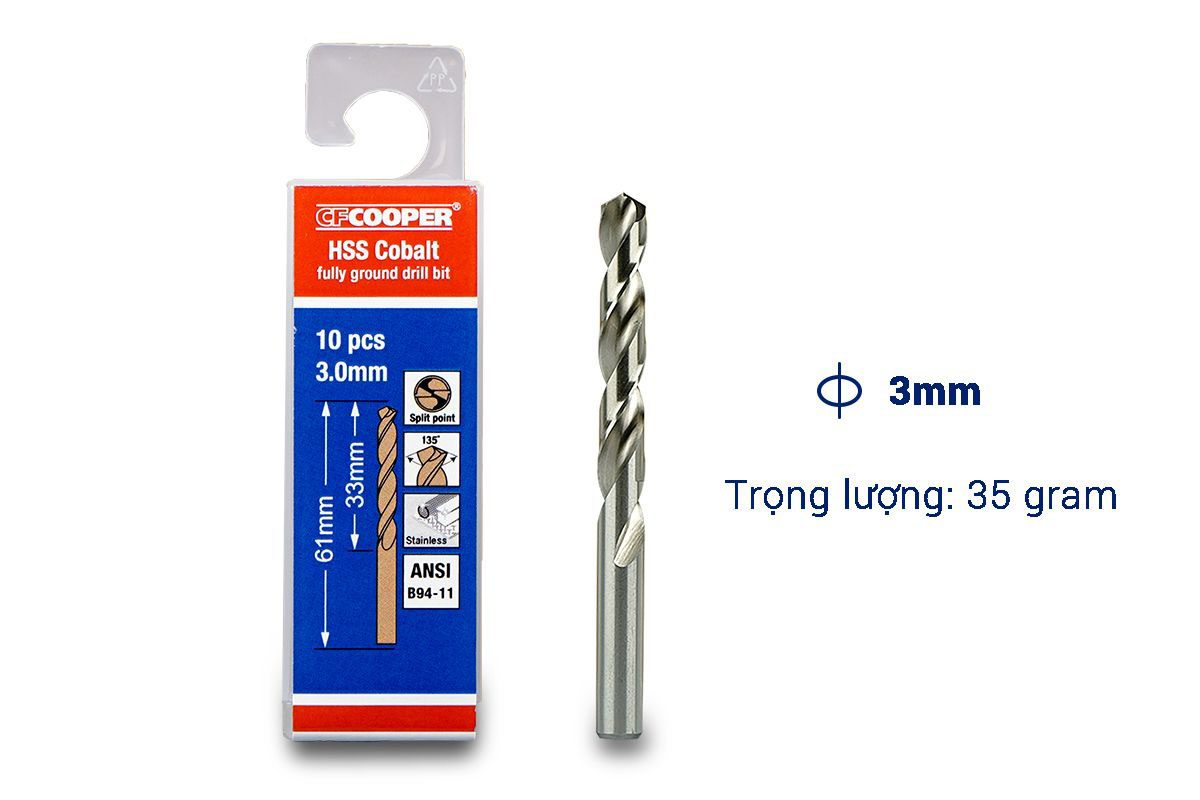 Mũi khoan Inox, thép cobalt 3.0mm CFCooper HCM030 - Hộp 10 mũi