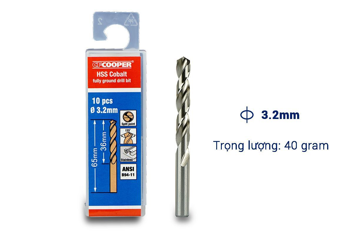 Mũi khoan Inox, thép cobalt 3.2mm CFCooper HCM032 - Hộp 10 mũi