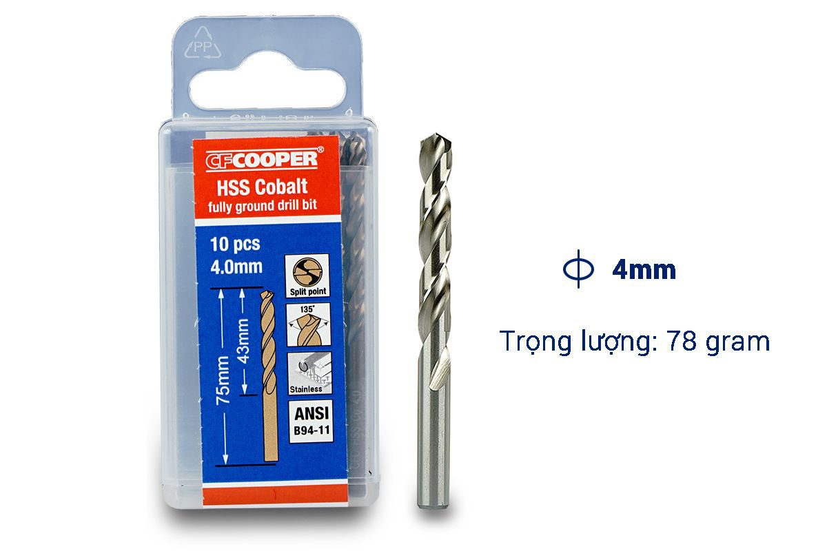 Mũi khoan Inox, thép cobalt 4.0mm CFCooper HCM040 - Hộp 10 mũi