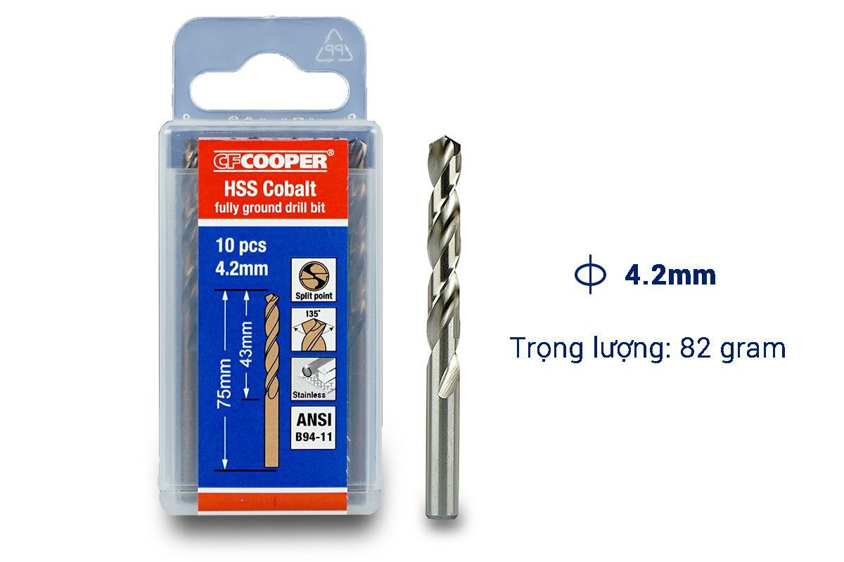 Mũi khoan Inox, thép cobalt 4.2mm CFCooper HCM042 - Hộp 10 mũi