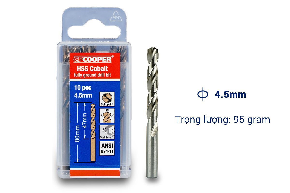 Mũi khoan Inox, thép cobalt 4.5mm CFCooper HCM045 - Hộp 10 mũi