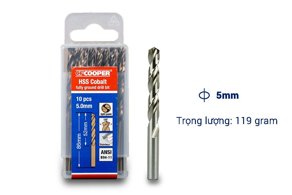 Mũi khoan Inox, thép cobalt 5.0mm CFCooper HCM050 - Hộp 10 mũi