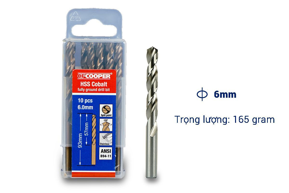 Mũi khoan Inox, thép cobalt 6.0mm CFCooper HCM060 - Hộp 10 mũi