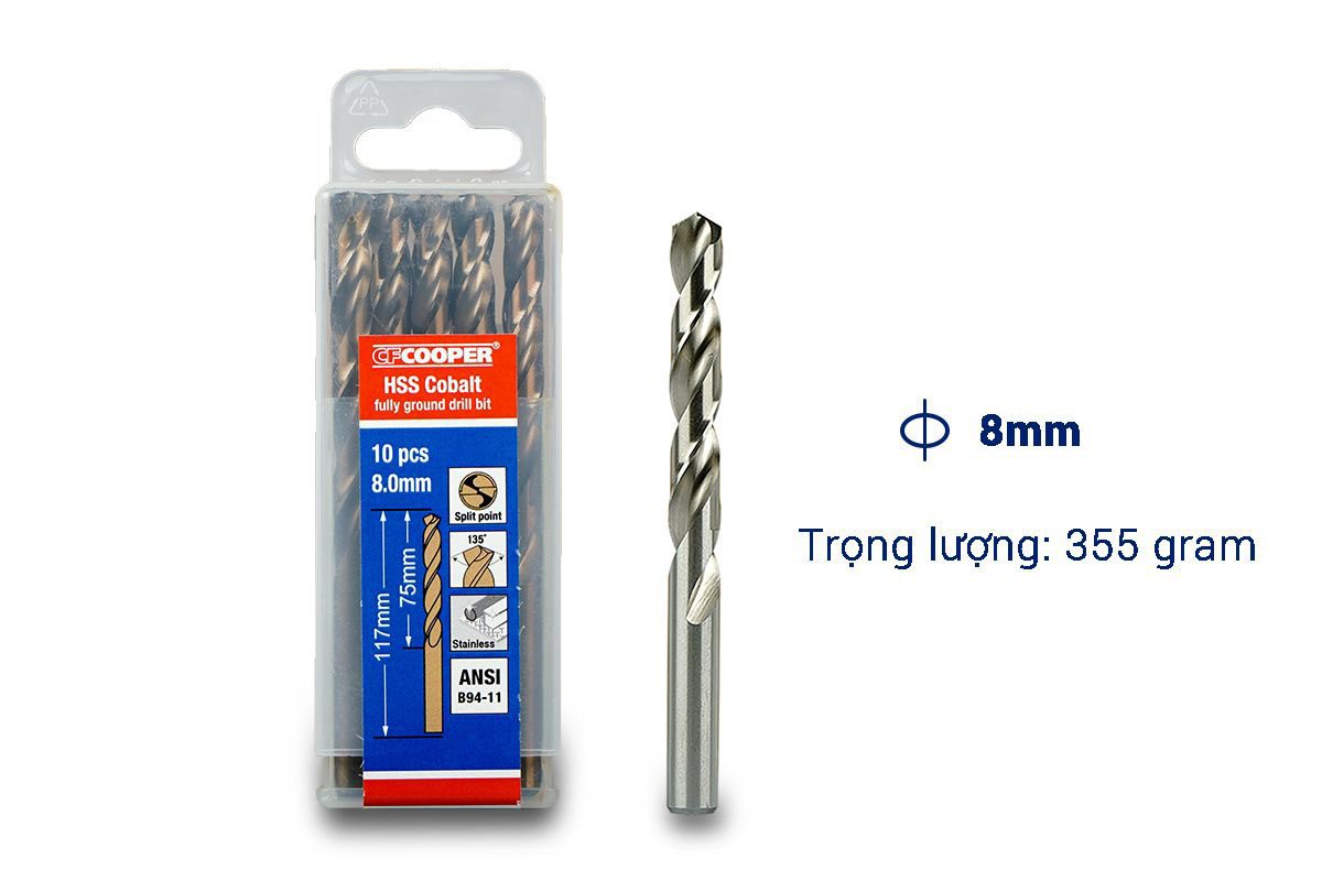 Mũi khoan Inox, thép cobalt 8.0mm CFCooper HCM080 - Hộp 10 mũi