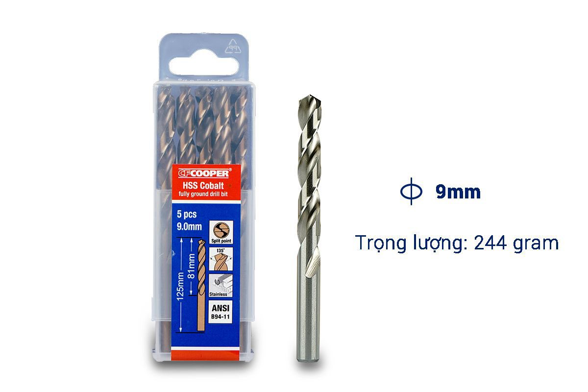 Mũi khoan Inox, thép cobalt 9.0mm CFCooper HCM090 - Hộp 5 mũi