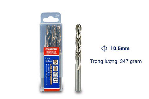 Mũi khoan Inox, thép cobalt 10.5mm CFCooper HCM105 - Hộp 5 mũi