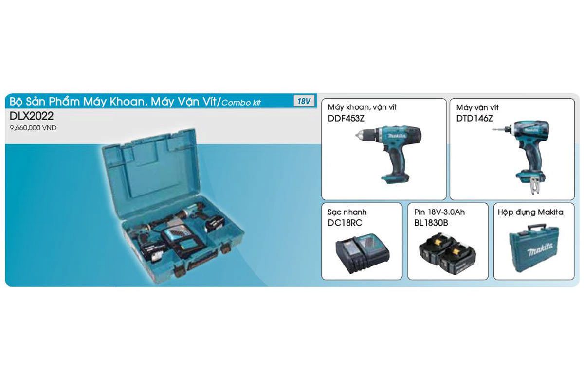 Bộ máy khoan vặn vít pin 18V Makita DLX2022