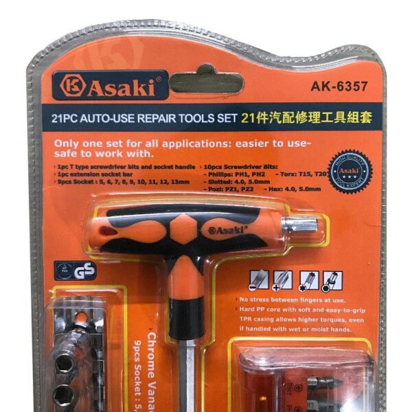 Bộ mũi vít & đầu tuýp & tay vặn chữ T 21 chi tiết Asaki AK-6357