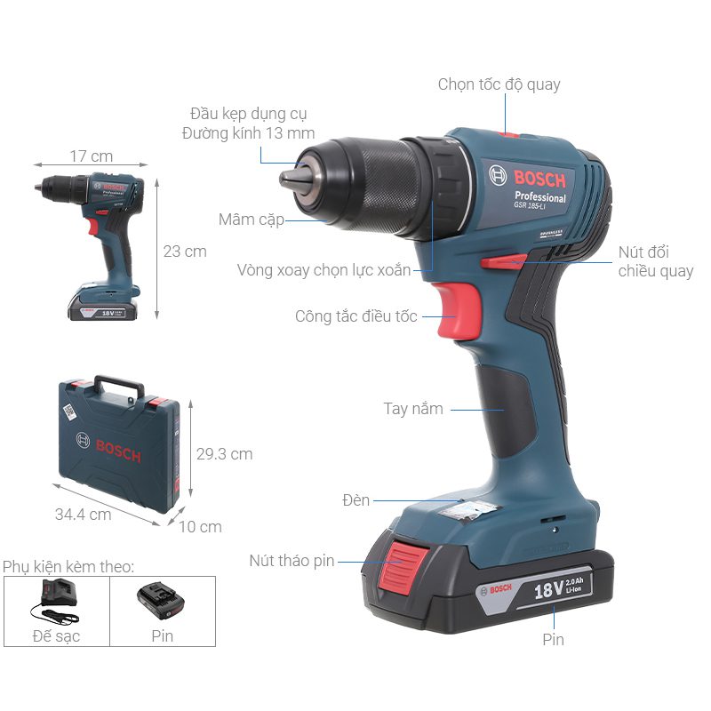 Máy khoan vặn vít pin 18V Bosch GSR 185-LI